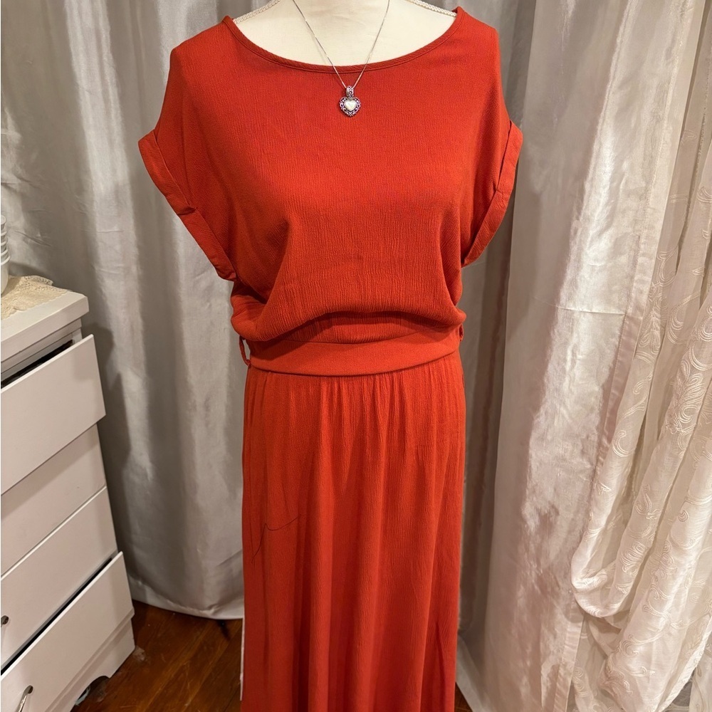 SHEIN Burnt Orange Short Sleeve Waist-Defined Maxi Dress